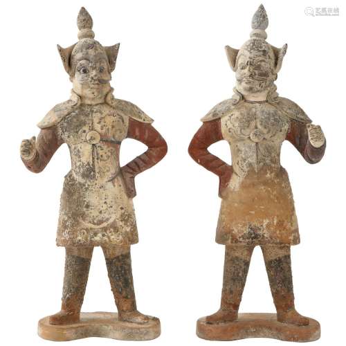 Chinese Pottery Painted Soldier Statue Pair