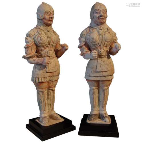 Chinese Pottery Painted Soldier Statue Pair