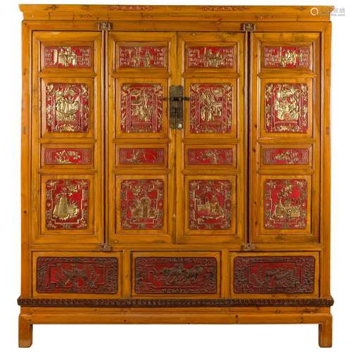 Chinese Walnut Wood Gilt Cabinet Qing