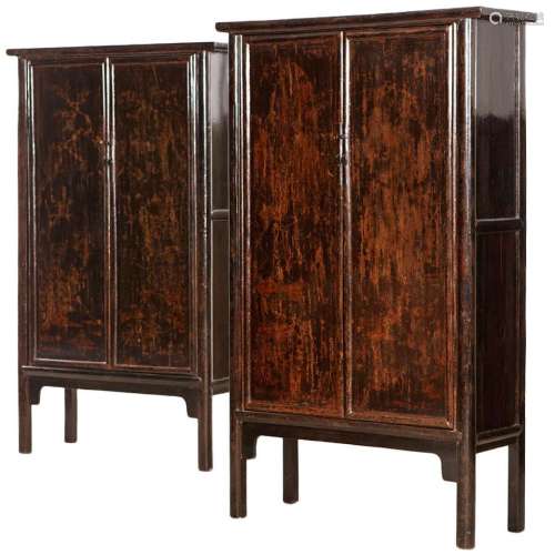 Chinese Elm Wood Lacquer Cabinet Pair