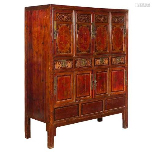 Chinese Elm Wood And Brass Cabinet Qing