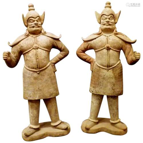 Chinese Pottery Painted Terracotta Statue Pair