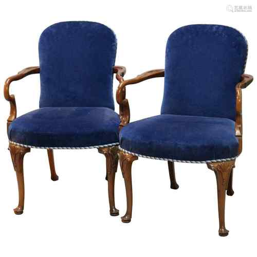 Mahogany Wood ArmChair Pair Queen Anne