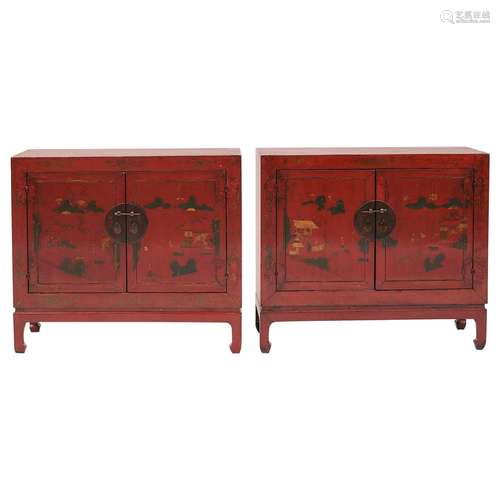 Chinese Lacquer Wood Painted Chest Pair Qing