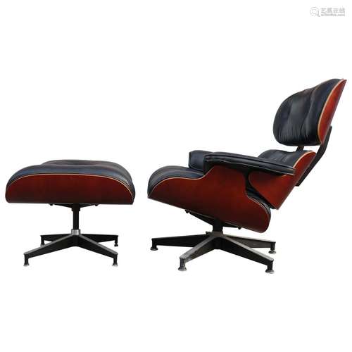 Cherry Wood And Leather Lounge Chair And Ottoman