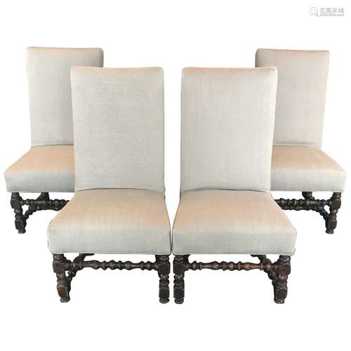 Walnut Wood And Upholstery Side Chair Set Louis XIV