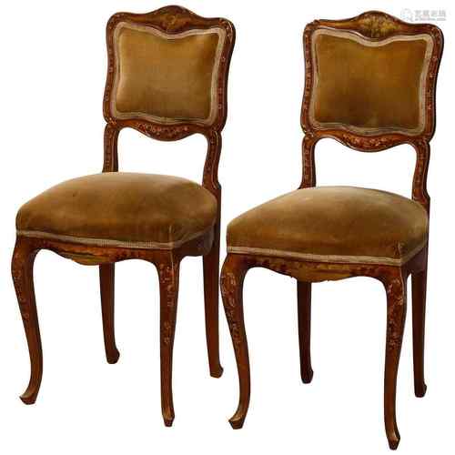 Walnut And Velvet Side Chair Pair French