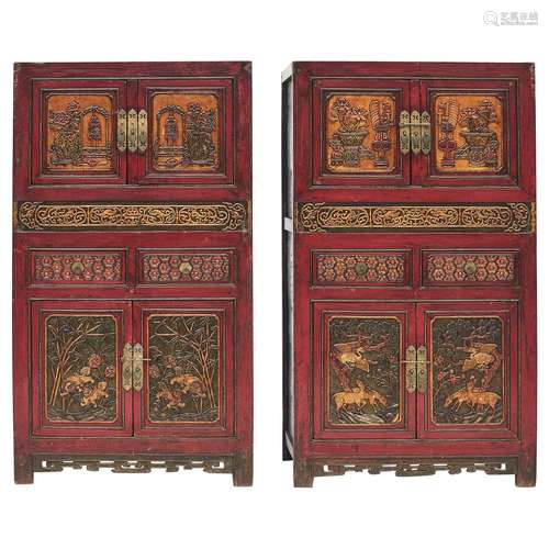 Chinese Lacquer Wood Cabinet Pair Qing