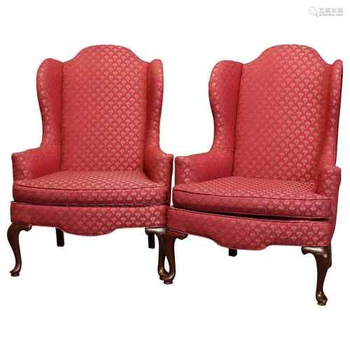 Mahogany Wood And Fabric Wingback Chair Pair Queen Anne