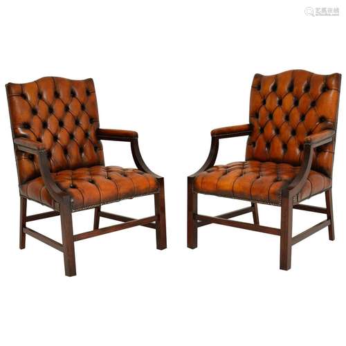 Walnut Wood And Leather ArmChair Pair English