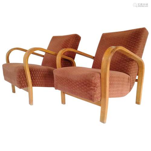 Walnut Wood And Upholstery Lounge ArmChair Pair