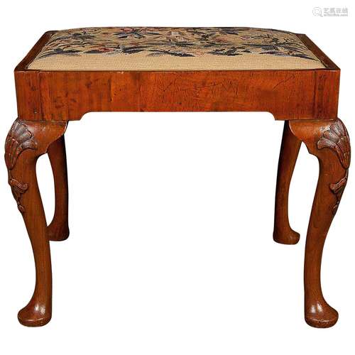 Walnut Wood And Upholstery Stool Queen Anne