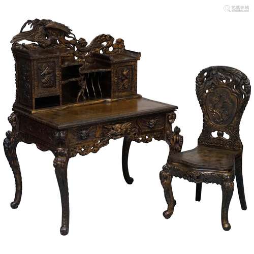 Chinese Export Black Wood Writing Table Chair