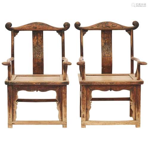 Chinese Elm Wood ArmChair Pair Qing