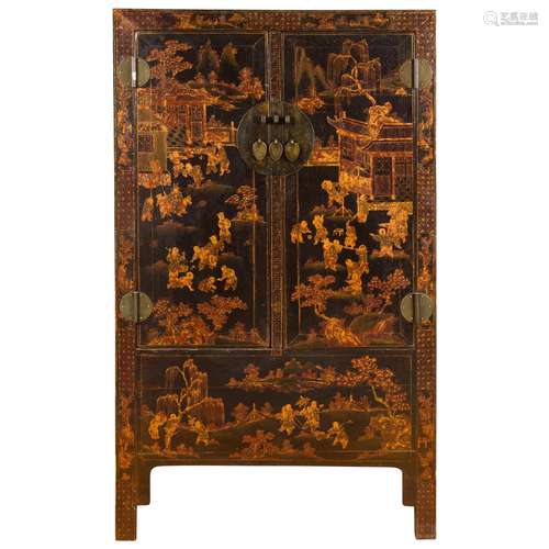 Chinese Lacquer Wood Gilt Cabinet Qing