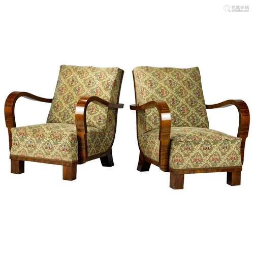 Walnut Wood And Upholstery ArmChair Pair