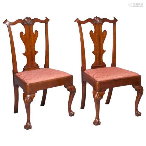 Walnut Wood Side Chair Pair Queen Anne