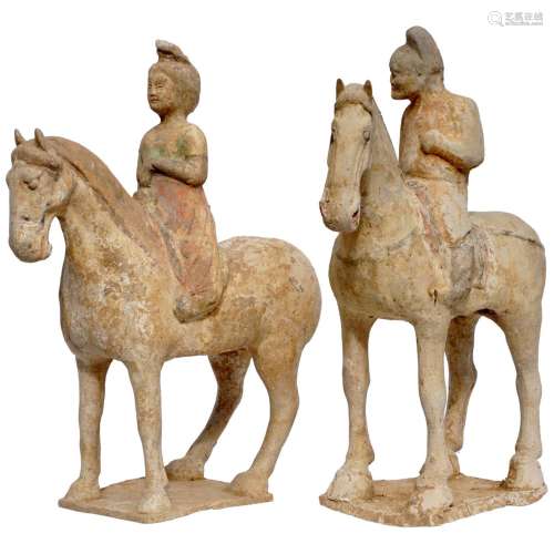 Chinese Pottery Lady And Man Horse Rider Statue