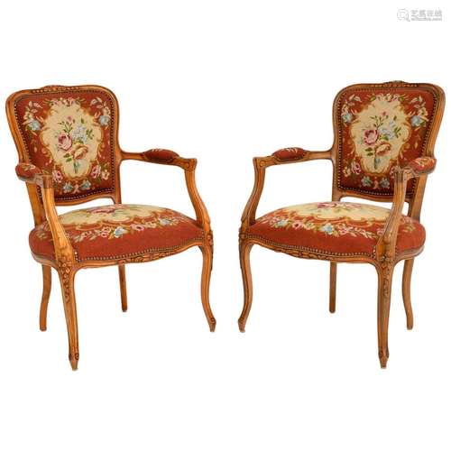 Walnut Wood And Fabric ArmChair Pair Louis XV