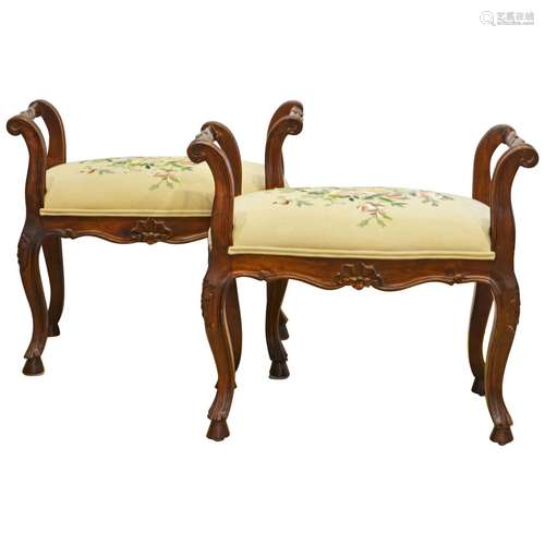 Walnut Wood And Silk Upholstery Bench Pair