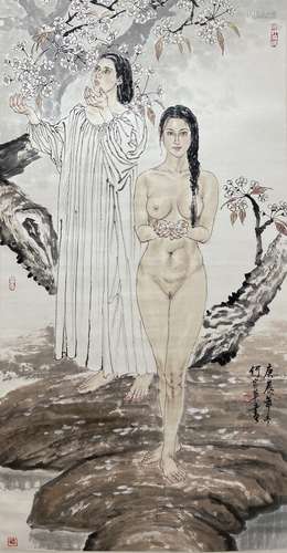 A Chinese figure painting, He Jiaying mark