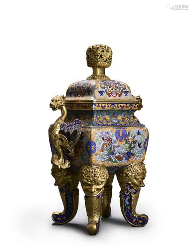 A cloisonne enamel incense burner with double dragon-shaped ...