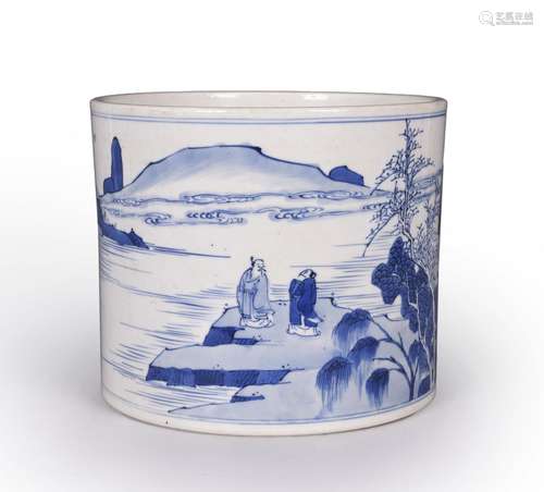 A blue and white figure porcelain brush pot