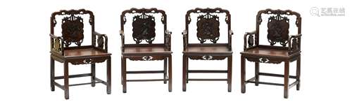 FOUR CHINESE CLASSICAL HONGMU ARMCHAIRS SET (Y)