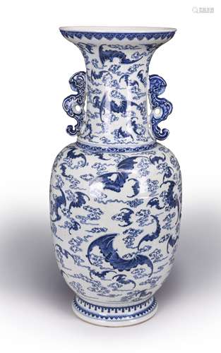 An inscribed blue and white bat porcelain double-eared vase