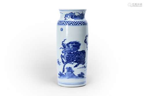 A blue and white qilin and phoenix porcelain vase