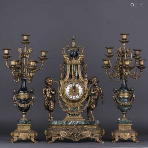 A FRENCH GILT BRONZE 3-PIECE ENAMEL CLOCK GARNITURE