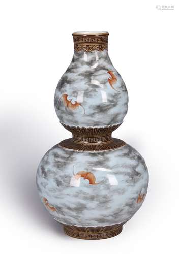 A famille rose bat porcelain gourd-shaped vase