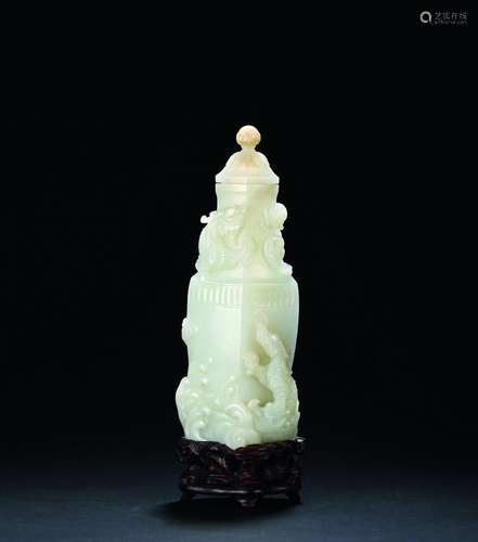 A dragon patterned white jade covered vase