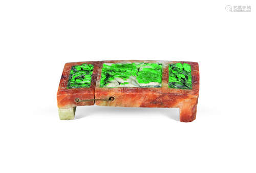 A jadeite emerald-inlaid lion carved ink bed