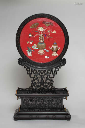 Eight Treasures Lacquer Table Screen with Wood Stand