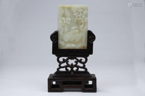 White Jade Table Screen with Wood Stand