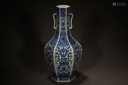 Blue and White Hexagon Vase