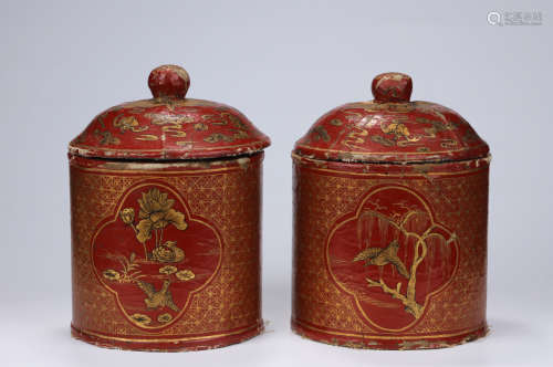 Pair of Wood Lacquer Boxes with Lids