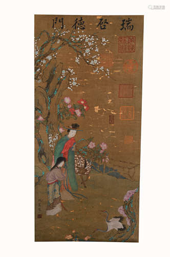 Chou Ying,Lady with Crane Painting