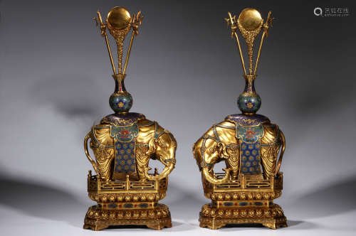 Pair of Gilt Bronze and Cloisonne Elephants Ornaments
