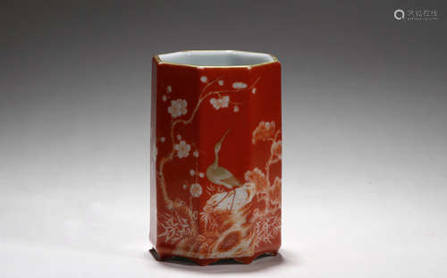 Red Glazed with Flowers Pattern Octagonal Pen Holder