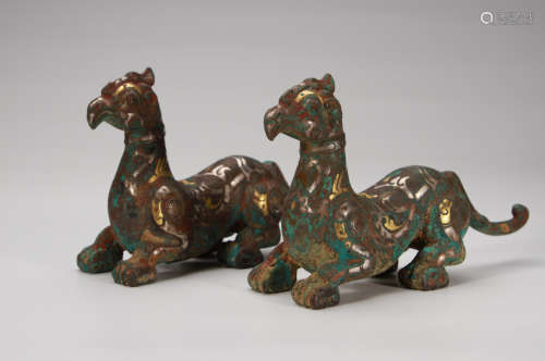 Pair of Bronze Beasts Inlaid Silver