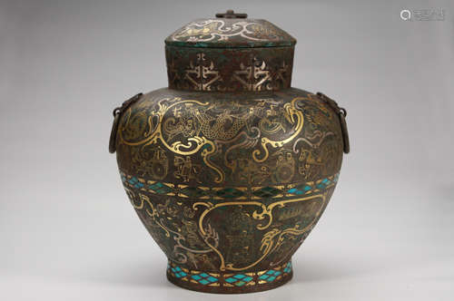 Bronze Inlaid Gold, Silver and Turquoise Jar with Lid