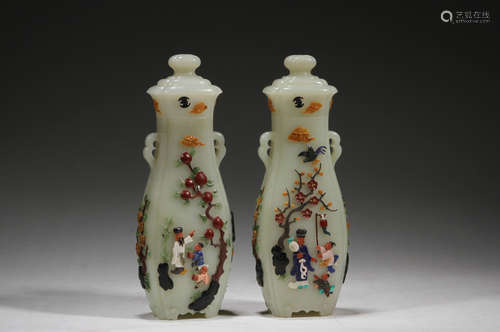 Pair of White Jade Inlaid Eight Treasures Vase