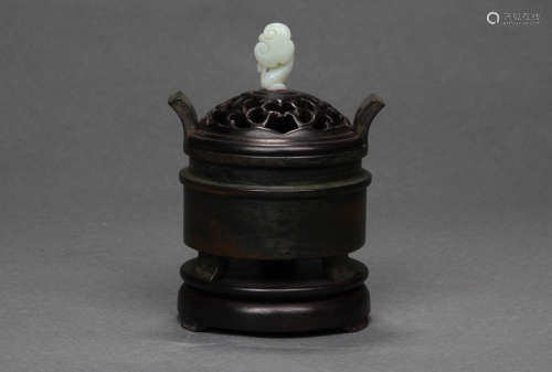 Bronze Tripod Incense Burner with Lid and Base