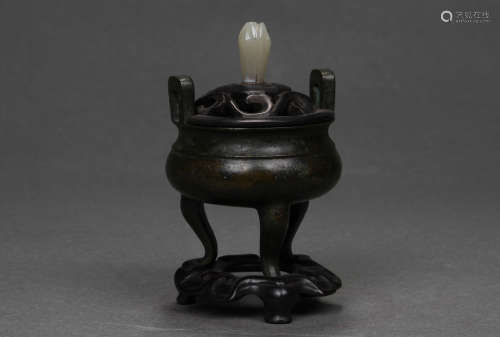 Bronze Tripod Incense Burner with Ears and Lid