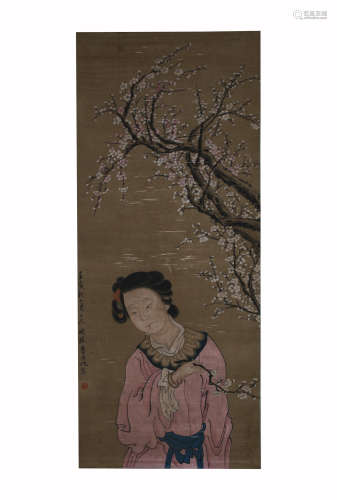 Fei Dan xu, Lady Under Peach Tree Painting on  Silk