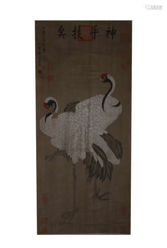 Bian Jing Zhao, Double Cranes Painting on Silk
