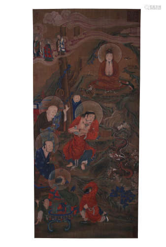 Guan Xiu Buddha Statue Painting on Silk