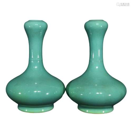 Chinese Green Glaze Porcelain Vase Pair Qing Dynasty